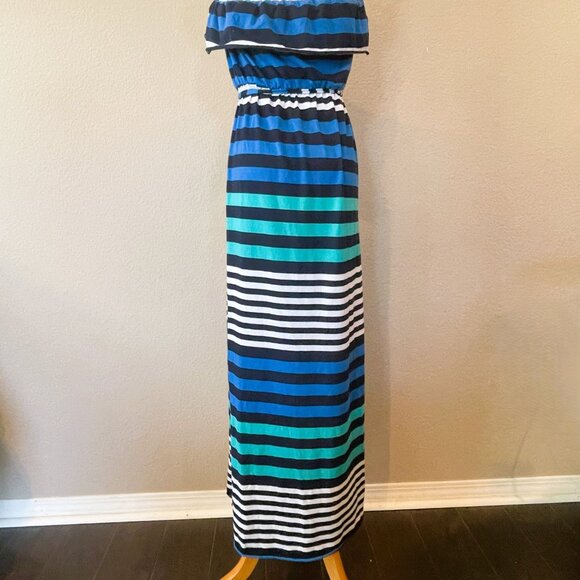 BCX Long Maxi Dress  Ruffled Halter Stretch Multicolor Horizontal Strip S - Picture 3 of 11